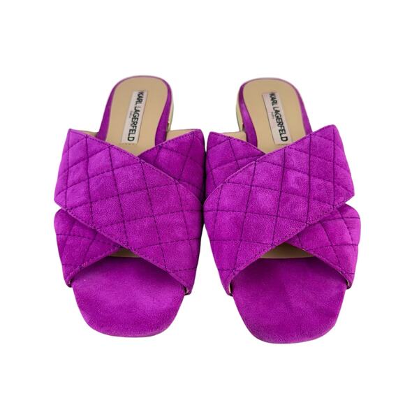 Karl Lagerfeld Rae Magenta Purple Suede Leather Quilted Open Toe Slide Sandals - Picture 2 of 11